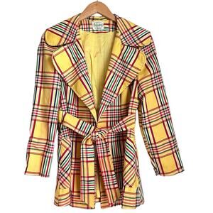 Vtg 70s Swingles Plaid Belted Trench Jacket Yellow Madras Check Made USA Union